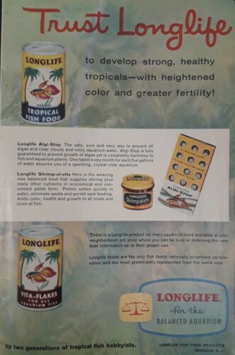 Vintage Old Aquarium Fishbowl Longlife Tropical Fish Food - 1960s Color Print Ad