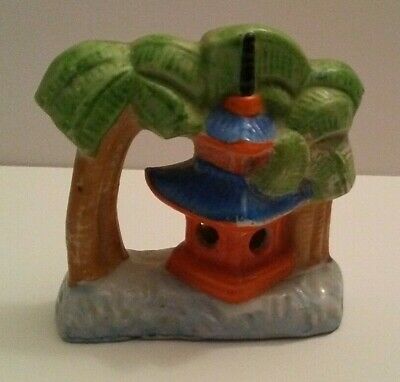 Vintage Ceramic AQUARIUM ORNAMENT Asian Building & Palms MADE IN JAPAN FREE SHIP