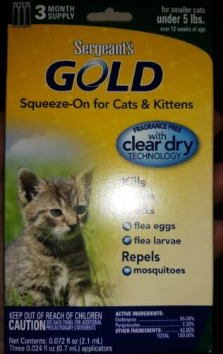 SERGEANT'S GOLD* Flea & Tick SQUEEZE-ON 3 Month Supply FOR SMALL CATS Under 5lbs