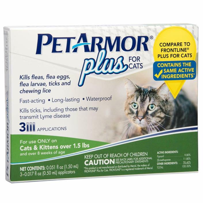 Pet Armor Plus Flea & Tick Topical Treatment for Cats 3 Applications 3 Month