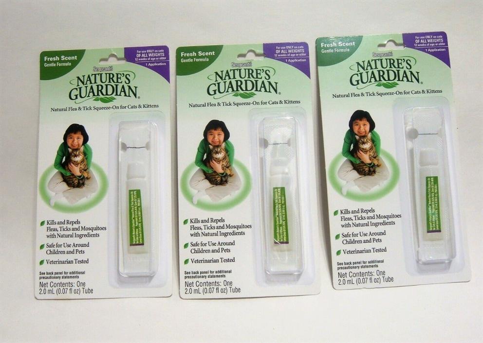 Sergeant's Nature's Guardian Natural Flea & Tick Squeeze-On Cats Kittens 3X NEW