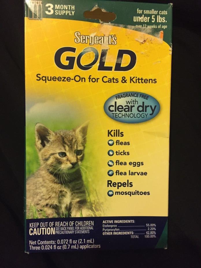 SERGEANT'S GOLD* Flea & Tick SQUEEZE-ON 3 Month Supply FOR SMALL CATS Under 5lbs