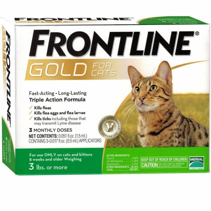 FRONTLINE GOLD FOR CATS AND KITTENS OVER 3 LBS 3 DOSES PLUS  FREE SHIPPING