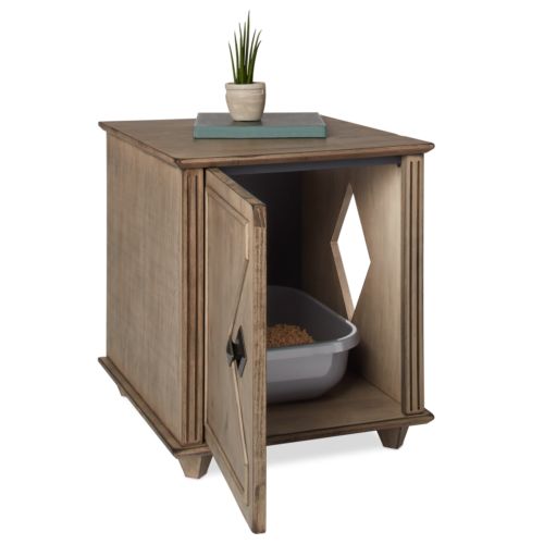 Weathered Hidden Kitty Solid Wood Litter Box And Side Table