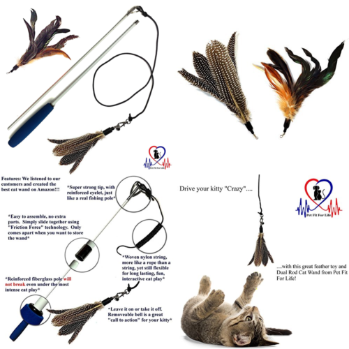 2 Feather Teaser & Exerciser For Cat Kitten Toy Interactive Wand