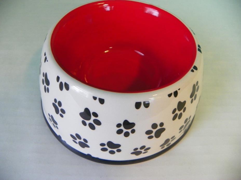 Ceramic Kitty Feeding Bowl Red with Black Kitty Paw Prints