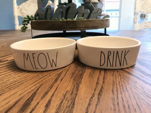Rae Dunn Meow Drink Lot Of 2 Cat Kitten Pet Bowls Small Pottery LL Large Letter