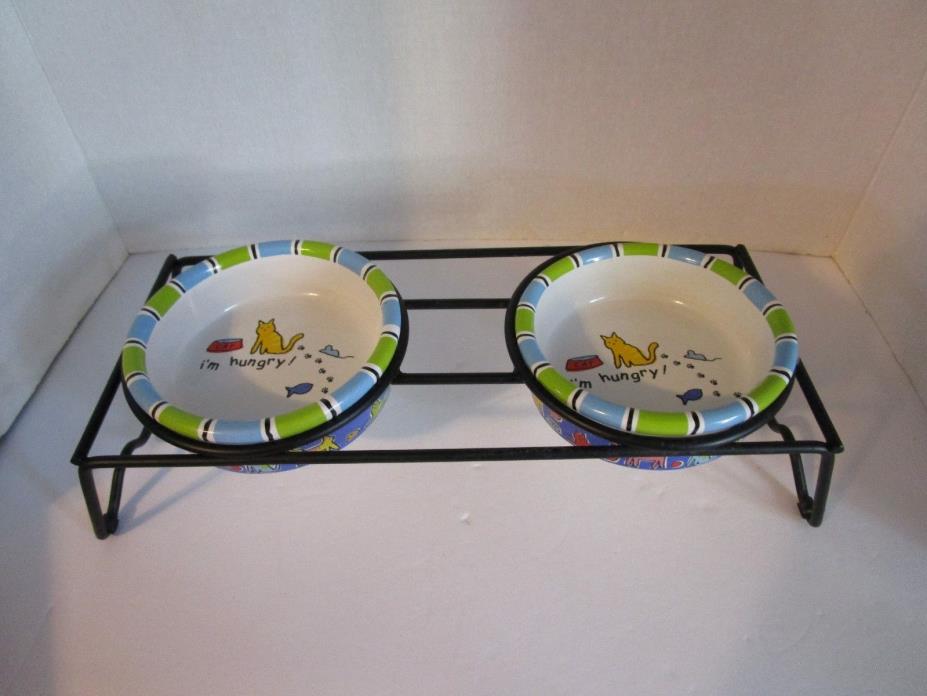 Run Kitty Run Ceramic Pet Food Bowl 2 Dish Set / Metal Stand by ROOM Creations
