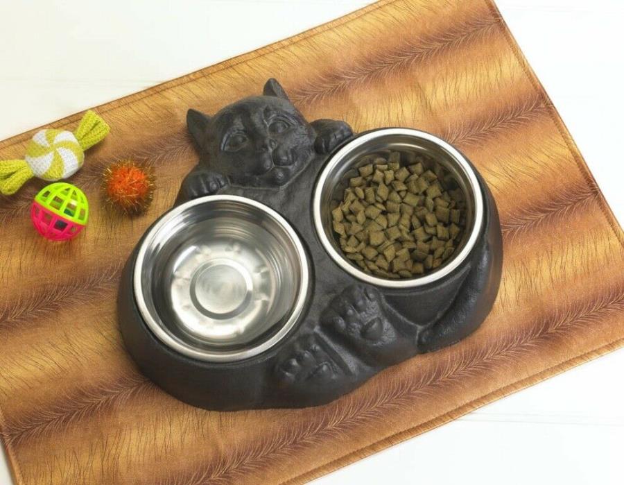 Iron Kitty Cat Shaped Holder w/ 2 Stainless Steel Food & Water Dishes