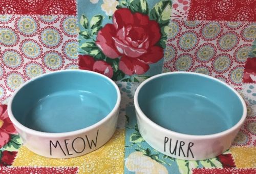 Rae Dunn Set of 2 Pet Dishes Cat MEOW & PURR Food Water Small Bowls BLUE Inside