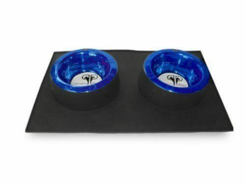 Platinum Pets 1 Cup Stainless Steel Cat Bowls Black Silicon Feeding Mat Blue