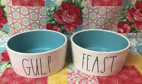 Rae Dunn Set of 2 Pet Dishes Dog~ GULP & FEAST Food Water Bowls~ BLUE Inside