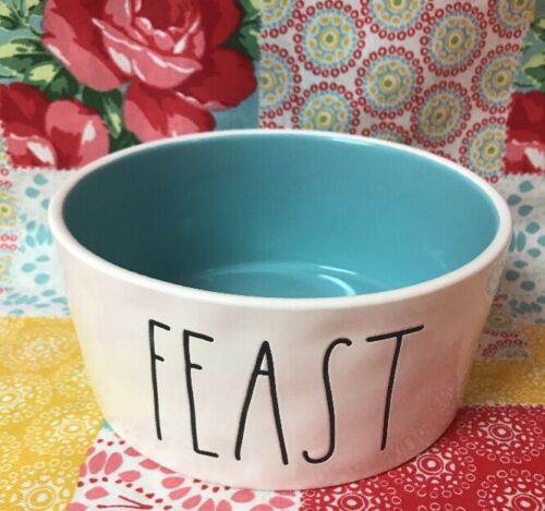 Rae Dunn Pet Dog Dish~ FEAST Food Bowl~ BLUE Inside NEW HTF