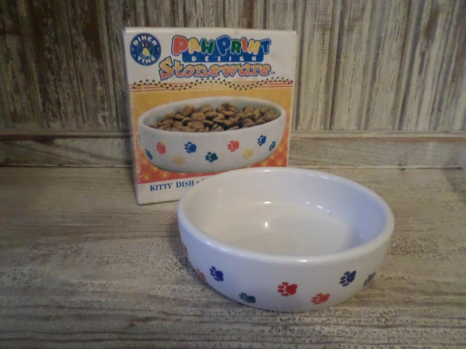 White Ceramic Colored Paw Prints Stoneware Cat Food Or Water Bowl Dish