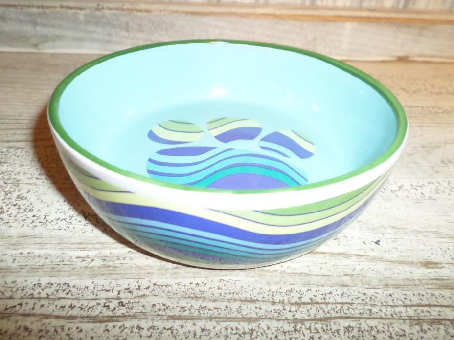 Colorful Paw Print Stoneware Cat Food Or Water Bowl Dish