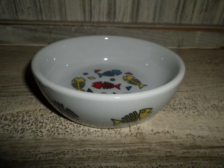 White Ceramic Colored Fish Skeletons Stoneware Cat Food Or Water Bowl Dish