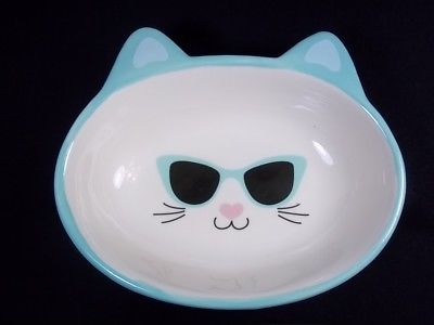 Ceramic cat bowl Kitty Face with Sunglasses Seafoam & white Simply Cat NEW