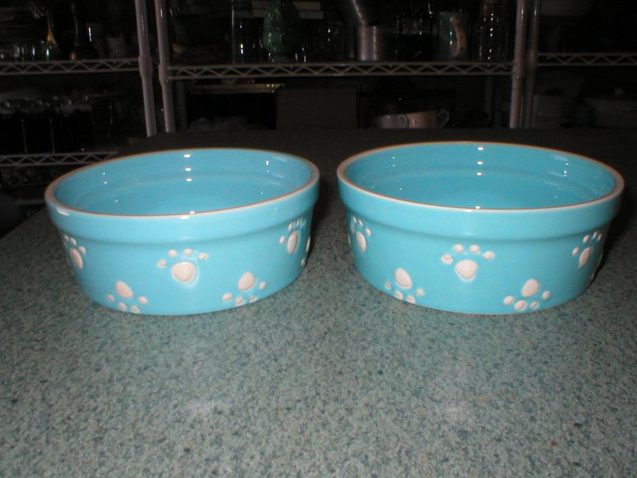 2 Pet Bowls Small Petrageous Paw Print Designs Baby Blue Stoneware 4 3/4