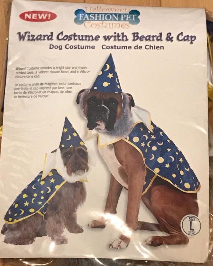 Dog Costume Fashion Pet Halloween Wizard Merlin Cape Beard Hat Stars Moon Blue L