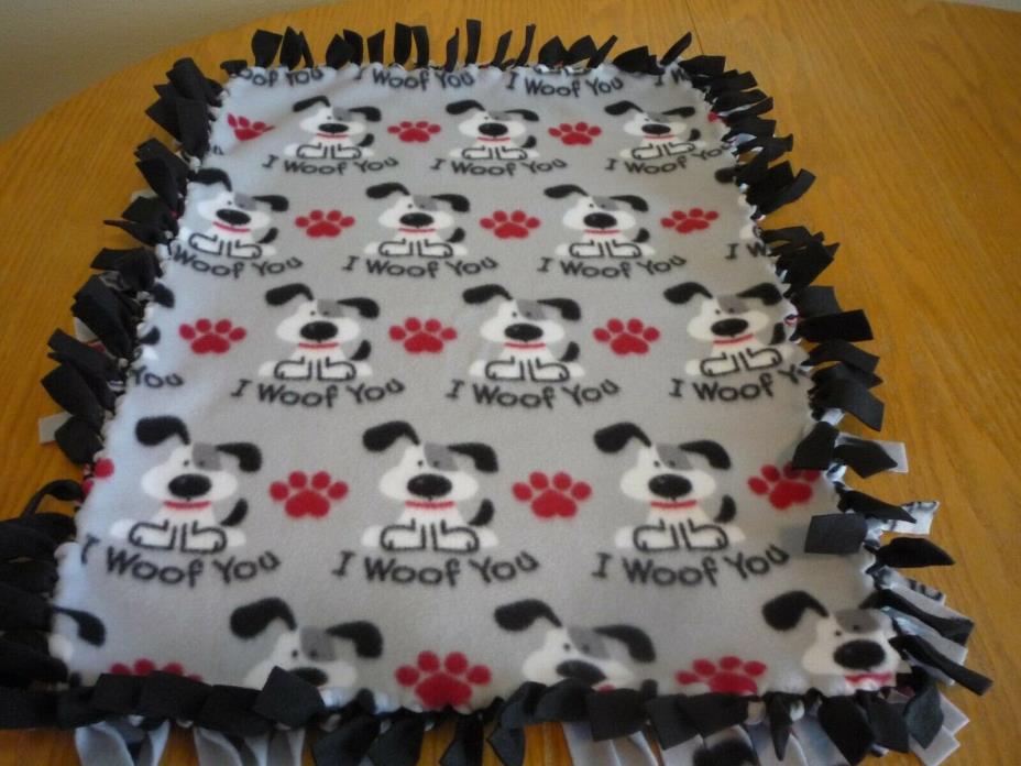 Handmade fleece tie blanket of I WOOF YOU  for a small pet