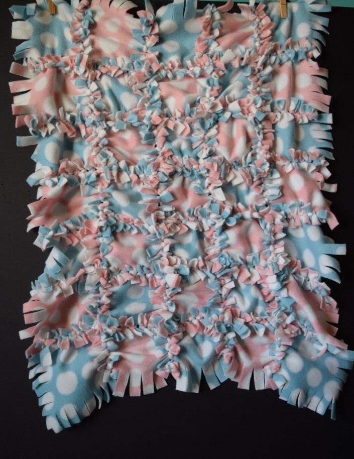 Blue Pink and White Polka Dot Handmade Tie Pet Blanket 27 x 23 in.