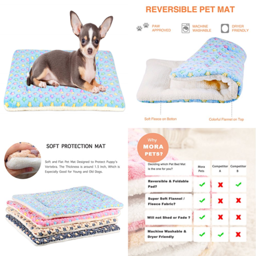 Ultra Soft Pet Dog/Cat Bed W Cute Prints Reversible Fleece Crate Mat Machine Was