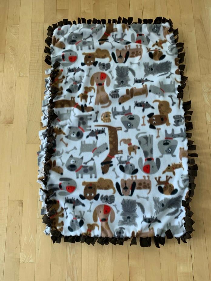 Handmade fleece tie blanket of dogs puppies brown gray for a small pet