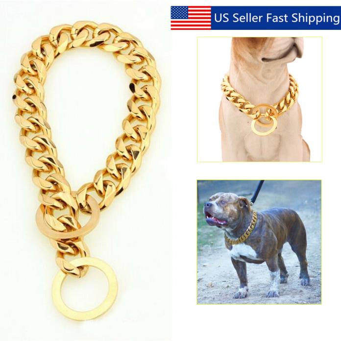 13mm Gold Tone Curb Cuban Link Dog Chain Pet Collar Stainless Steel 14''-26''