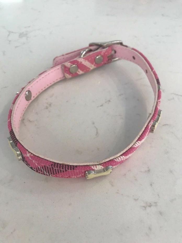 Dog Puppy Collar Nacklace Bone Pink Plaid Leather 15 inch Small