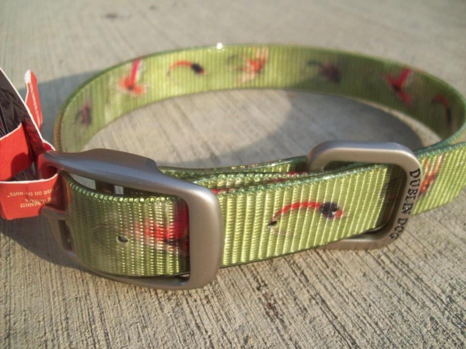 Medium Dublin Dog Collar, Waterproof, KOA Green Fish Fly Lures-Moss, NEW