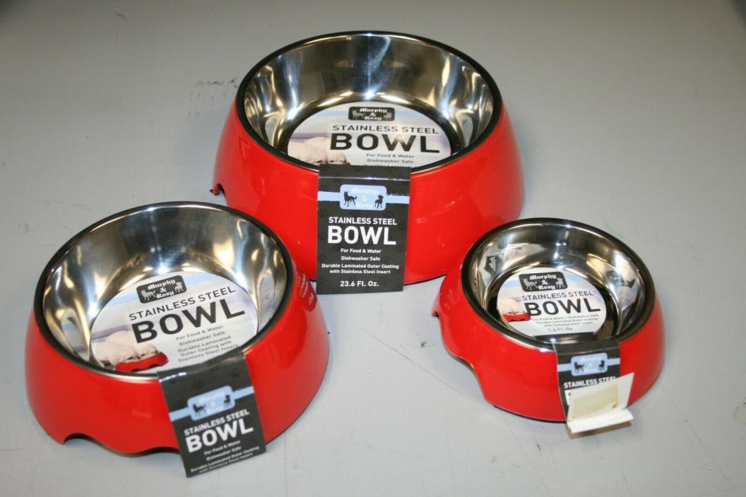 SET OF 3 RED PET FEEDING BOWLS WITH STAINLESS STEEL INSERTS