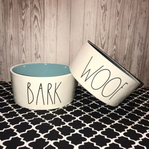 Rae Dunn NEW Set of 2 LL Dog Bowls “WOOF” & “BARK!” - Blue Inside