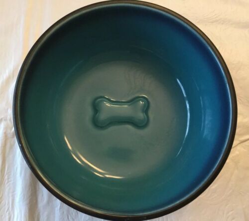 Dog Bowl Black And Teal With Raised Bone Pattern