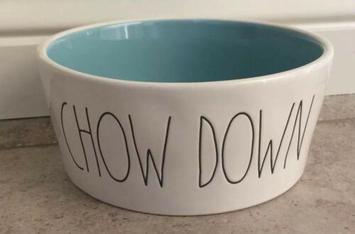 Rae Dunn Magenta CHOW DOWN Extra Large Dog Bowl / Food Bowl Ceramic Blue Glaze