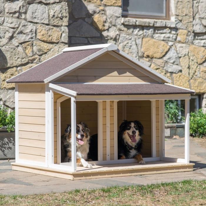 Duplex Dog House Outdoor Large Wood Shelter Roomy Double Kennel Extra Flat Cage