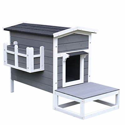 PawHut Wooden Large Deluxe Elevated Indoor Outdoor Cat House with Porch and -