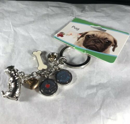 Pug Keychain, Pewter, 6 charms, I Love My Dog,Best In Show. Free Shipping.