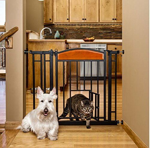 Carlson Pet Gate Chew Proof Gate One Hand Operation Charcoal Steel Cherry Wood