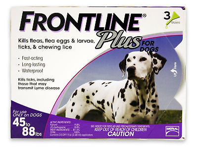 Frontline Plus Topical Dog SpotOn Flea Tick Lice Mite 45-88 Pounds 3 Doses