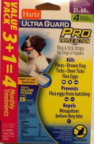 Hartz Ultra Guard Dog Flea Treatment Pro Value Pack 31 to 60lbs 4 Treatments New