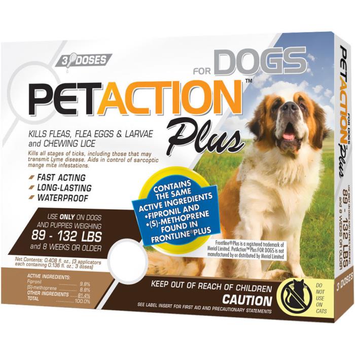 Lot of 4 pkgs - PetAction Plus Flea and Tick Drops for XL Dogs 89-132 lbs. 3 Dos
