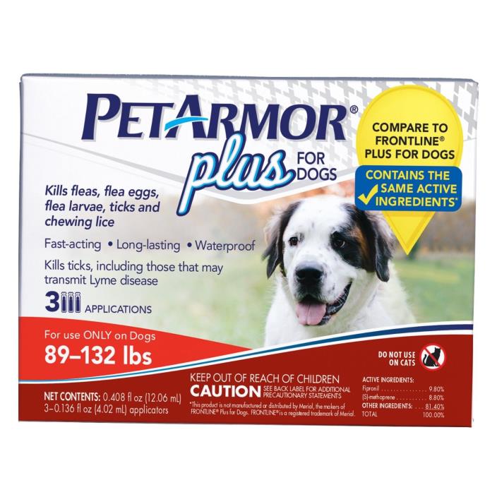 PET ARMOR PLUS Dogs 89 - 132 lbs Flea Tick Lice 3 Applications 3 Month Supply