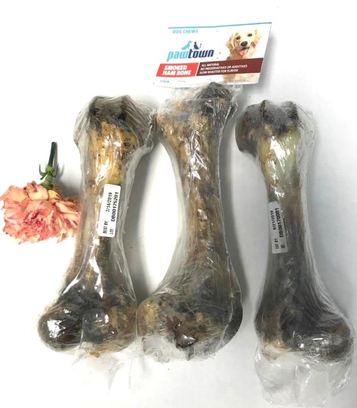 Pawtown Dog Chews, 8 to 9 inches Smoked Ham Bone,All Natural, Lot of 3, New&Seal