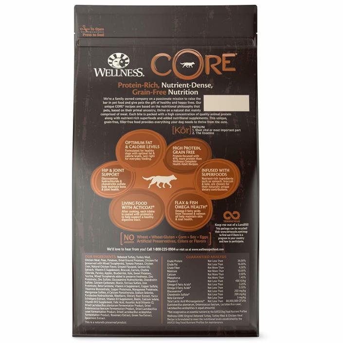 Wellness Core Natural Grain Free Dry Dog Food Original Turkey & Chicken  size4lb