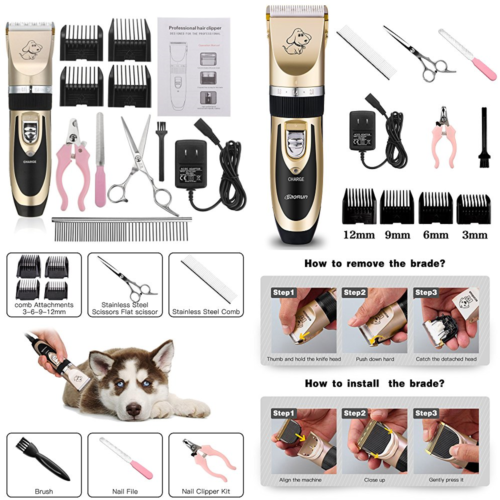 Pet Grooming Clipper Kits Low Noise Rechargeable Cordless Quiet Groomer W 4 Comb