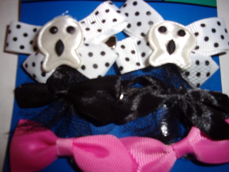 3 pair Hair BOWS Skulls black pink Dog Clips Top Paw Ribbon grooming Halloween