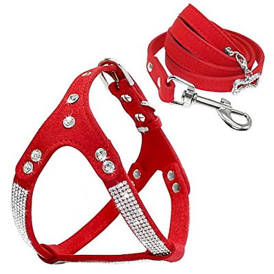 Beirui Soft Suede Rhinestone Leather Dog Harness Leash Set Cat Puppy Sparkly & 4