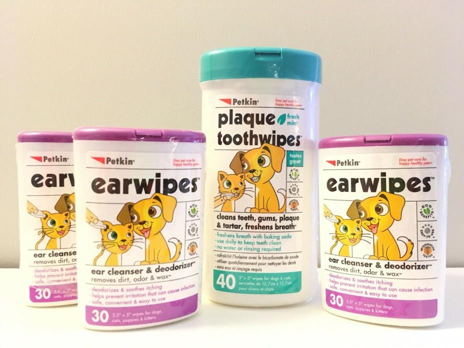 LOT of 4 - Petkin Wipes Combo | 3 Earwipes + 1 Plaque Toothwipes *Free Shipping!