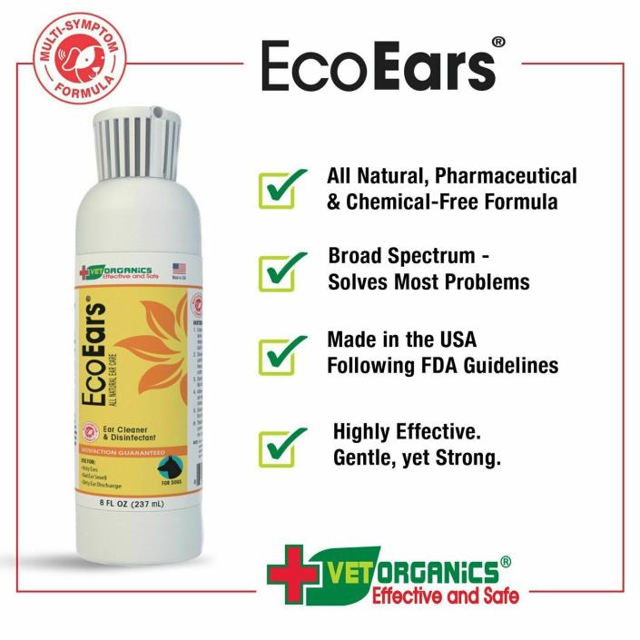 EcoEars Natural Ear Care Cleaner & Disinfectant For Dogs 8 Oz. New Free Shipping