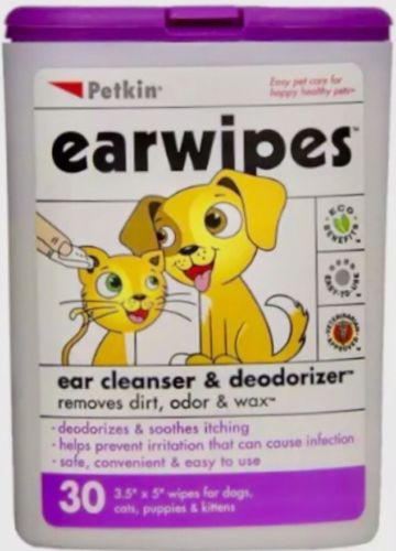 EARWIPES DOG AND CAT EAR CLEANSER DEODORIZER PET CARE HYGIENE 30 WIPES PETKINS